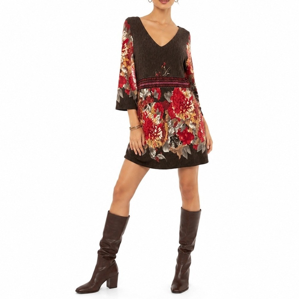 Sacred Threads Floral Mini Dress Womens Large Brown Red Bell Sleeve Boho Knit